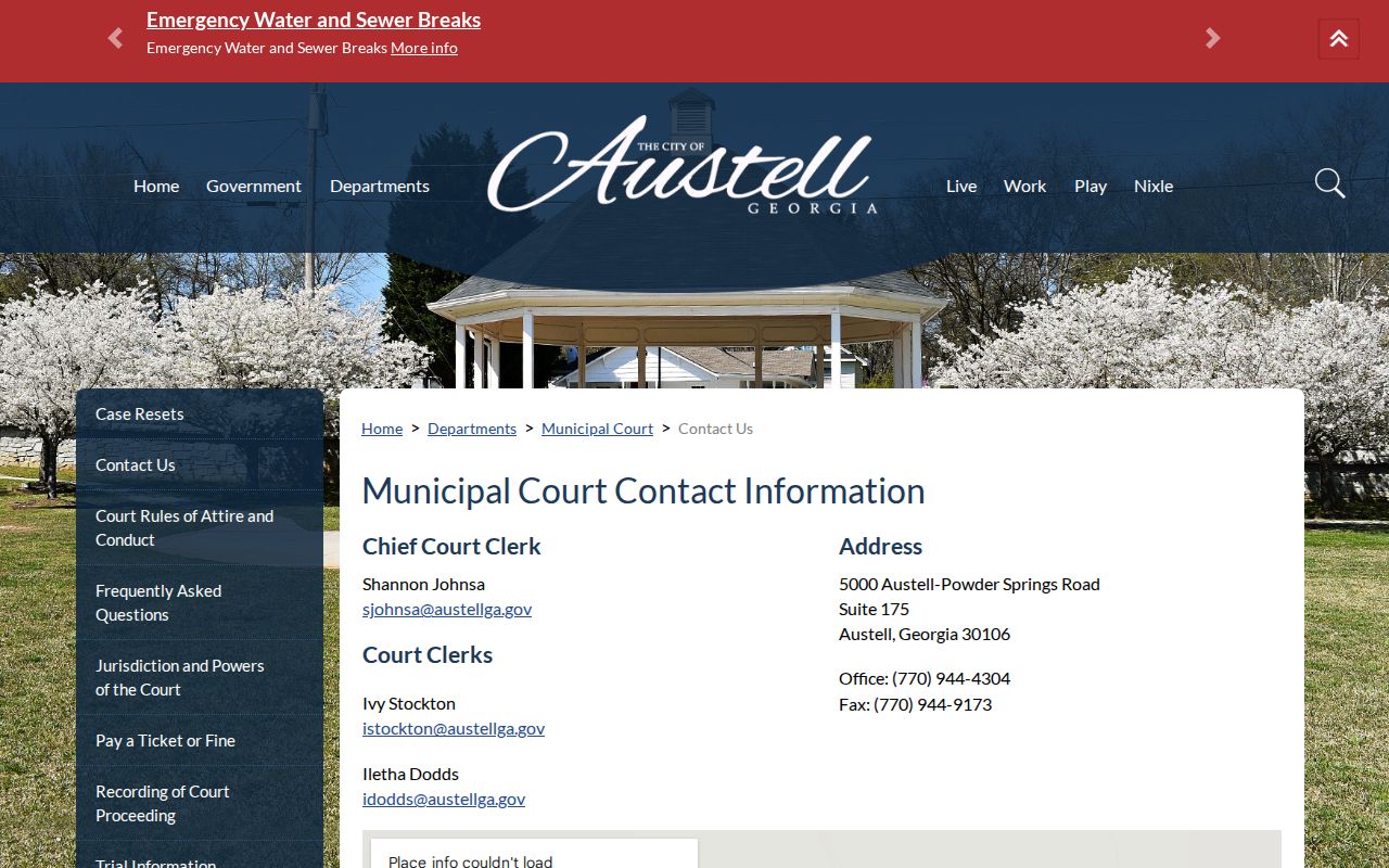 Austell court clerk contact route for the Austell court docket and records