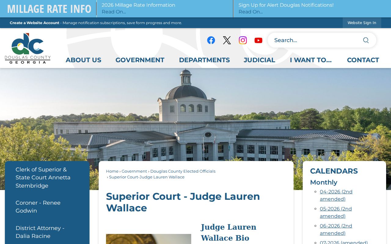 Douglas County court calendar, Judge Wallace 2026 calendar page